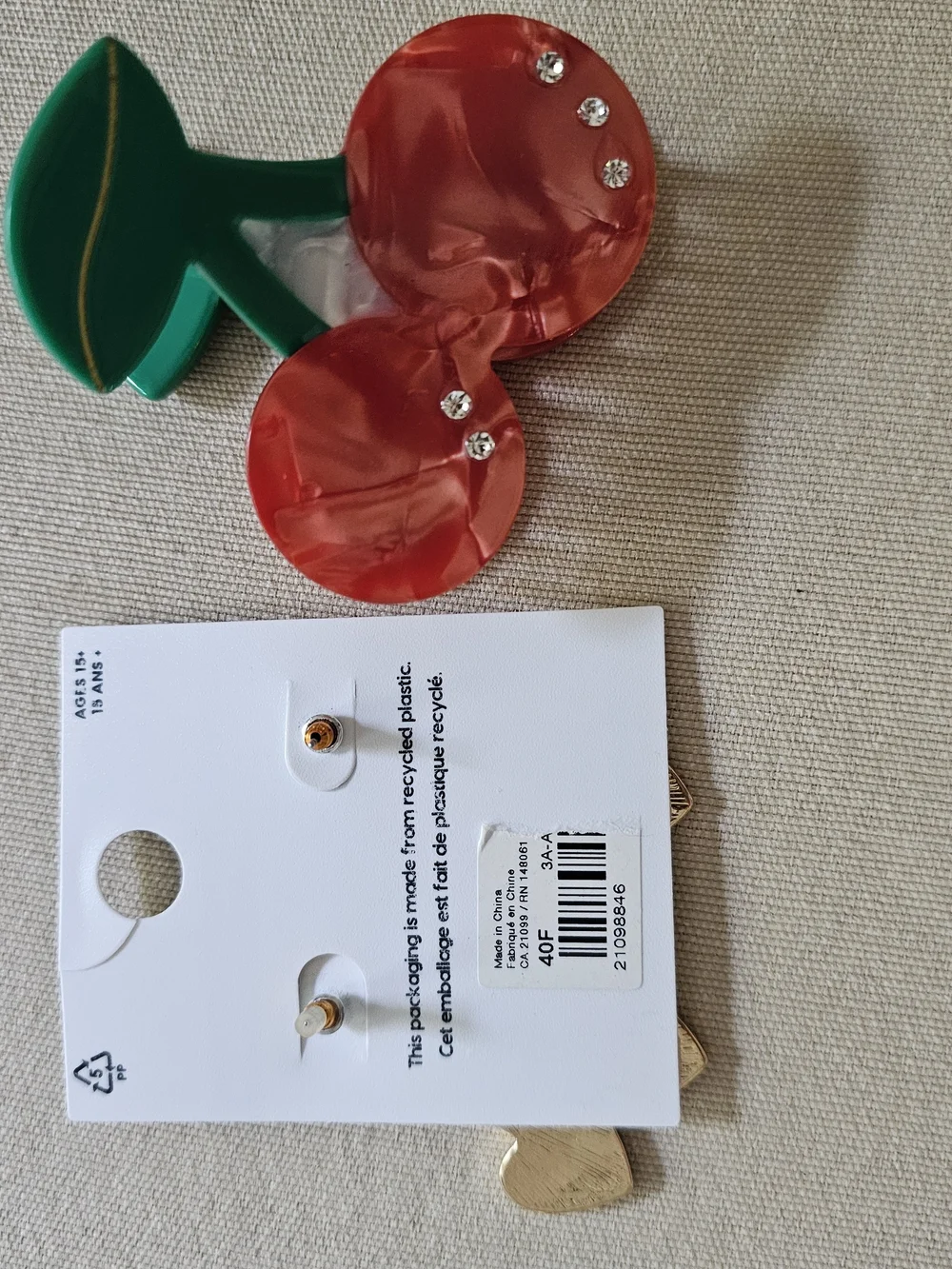 NWT Ardene Cherry Rhinestone Earrings and NEW Cherry Rhinestone Hair Clip